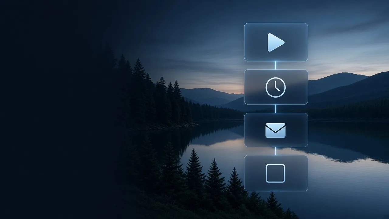 Stylized Burton automations designer: trigger, wait, send message, and stop on a dark canvas.